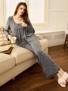 女士简约休闲舒适拉绒三件套睡衣套装女士家居服套装女士家居服套装，秋季服装，舒适服装