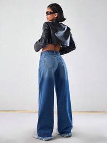 EURMUSE Quần jeans ống rộng cạp trễ, túi xéo, viền thô giản dị - Rửa trung bình - Xem 5