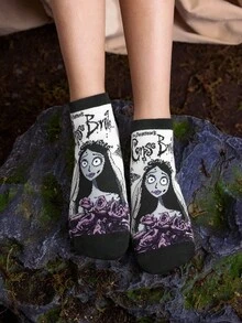 Corpse Bride X SHEIN 2 双情侣柔软透气吸湿排汗休闲短袜时尚黑白短袜加固脚趾和脚跟，经久耐用男女通用四季百搭夏冬万圣节 - 彩色 - 查看 5