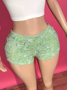 Slaydiva Conjunto coordinado de top corto de punto elástico blanco con estampado de conchas de colores y shorts mini de cintura baja con lentejuelas 3D en azul-verde, estilo casual de fiesta de vacaciones en la playa, festival de música y reunión de hermanas, nueva primavera/verano 2025