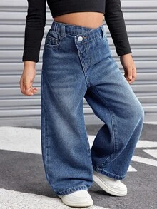 SHEIN 女童Y2K复古蓝色牛仔保暖内衬不对称腰宽松裤，秋冬季，清凉/女童感恩节，儿童阔腿牛仔裤 - 深色水洗藍 - 查看 2