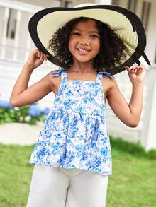 Joliand Joliand 1pc Young Girl Elegant Urban Cute Blue Pineapple Floral Pattern Camisole, Suitable For Party, Travel, Daily, Party, Summer Summer Clothing For Girls Kids Summer Clothes Young Girls Dresses Kids Girls Summer Floral Theme Clothing Summer Clothes For Kids Young Girls Summer Girl Clothes ColorfulJoy