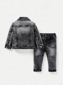 SHEIN 男婴两件套/组，做旧休闲黑色牛仔时尚水洗翻领长袖外套和卷边高弹力修身牛仔裤，休闲百搭，适合宝宝秋冬日常穿着，男童街头风服装，男童万圣节和圣诞节服装，冬季牛仔裤，男童牛仔裤 - 黑色 - 查看 2