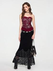 ROMWE EDITION Women's Vintage Witch-Inspired Lace Patchwork Sequin Tube Top, Burgundy - Burgundy - View 9