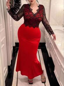 Flirla Vibekara Plus Size V-Neck Lace Sleeve Dress, Patchwork Fishtail Hem Fitted Long Dress, Fashionable Romantic Sexy Elegant Vintage Dress Suitable For Daily, Festivals, Parties, Events, Dates Fall Cloth For Women