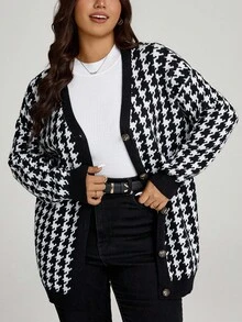 Comfylo Plus Size Casual Houndstooth Pattern Cardigan, Suitable For Work And Leisure, Autumn/Winter Button Up Cardigan Black And White Cardigan, Fall Winter Going Out