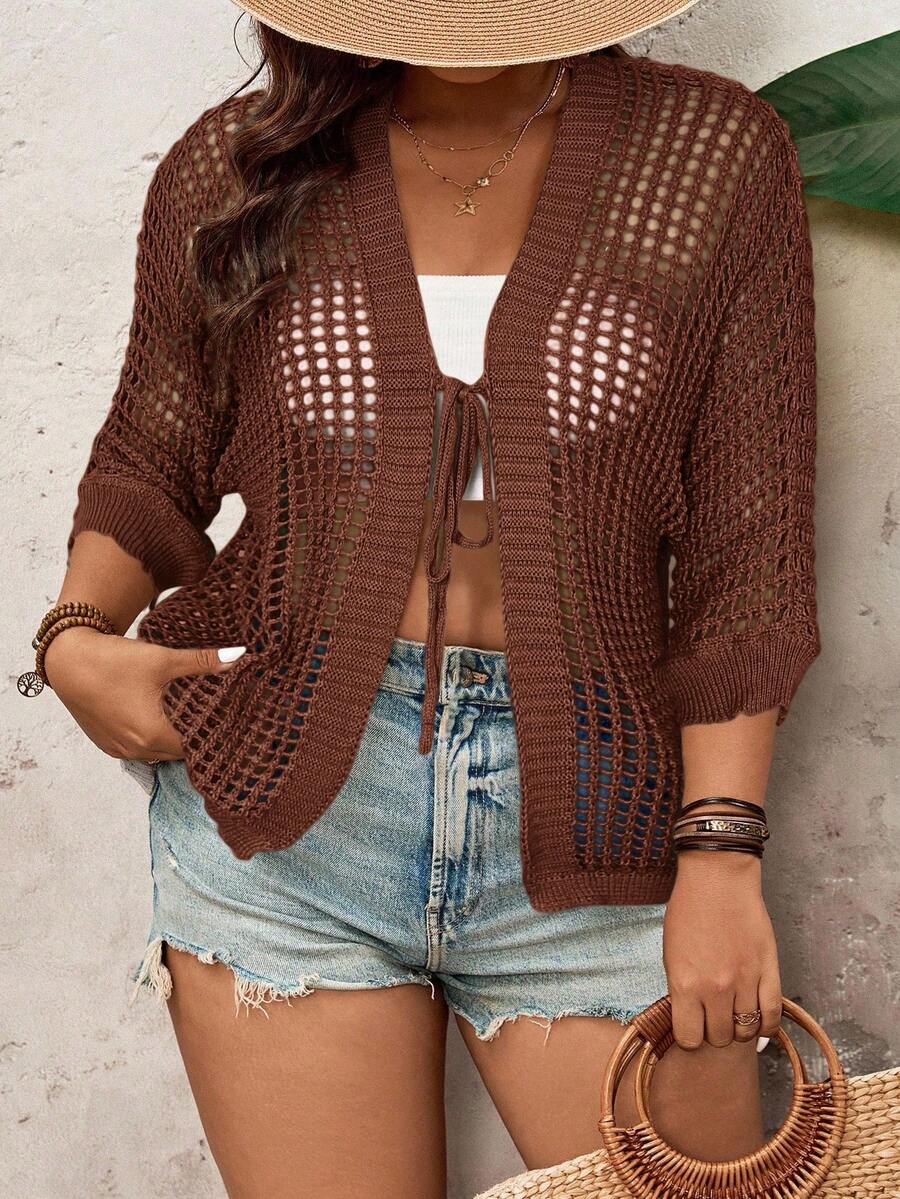 SHEIN VCAY 2025 Loose Hollow Out Knit Cover Up For Women, Lightweight, Casual Style, Summer Shawl In Fall/Winter - Chocolate Brown - View 1
