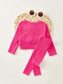 Cozy Pixies Áo phông và quần legging dệt kim có gân họa tiết chữ cho bé gái - Màu Hồng Tươi - Xem 2