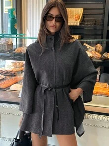 Aloruh 女士秋冬优雅高领蝙蝠袖收腰羊毛混纺大衣 - 灰色 - 查看 5