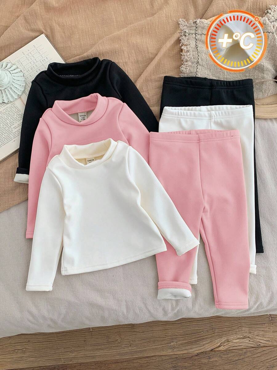 SHEIN LMoss Kids Bộ 6 món áo thun dài tay cổ lọ màu trơn dễ thương cho bé gái và quần dài cạp chun, thời trang thu đông - Nhiều màu - Xem 1
