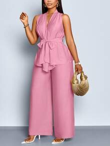 SOLERSUN Plus Size Solid Color Sleeveless Top And Wide Leg Pants 2 Pieces Set - Pink - View 6