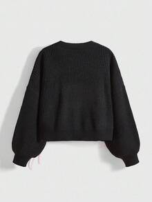 ROMWE Kawaii Plus Size Autumn/Winter Cute Heart Shaped Ribbon Decor Knitted Cardigan - Black - View 2