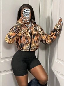 BamGleam Animal Print Cropped Stand Collar Jacket - Brown - View 4