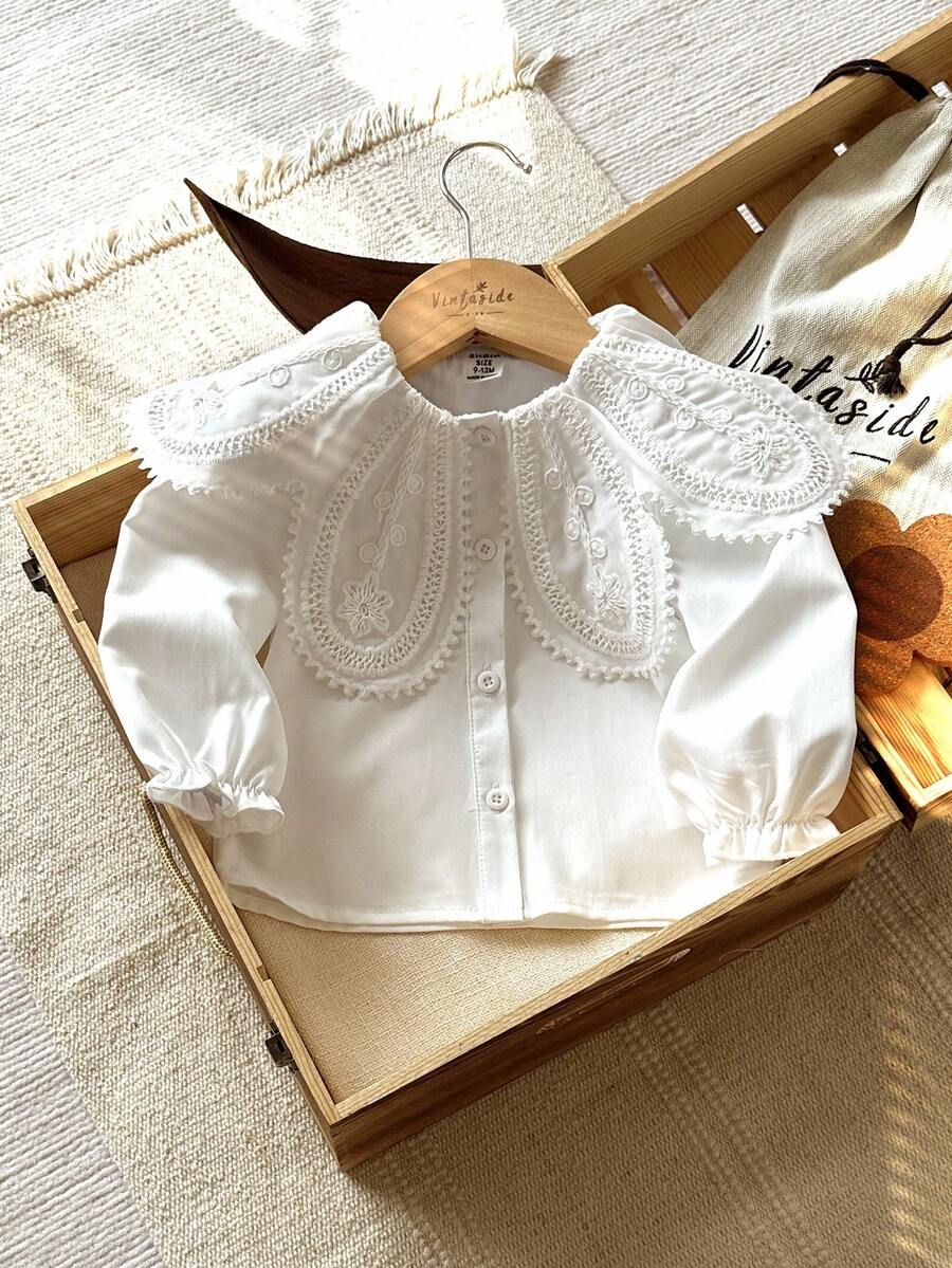 SHEIN Vintaside Kids 女婴白色蕾丝领长袖衬衫，时尚百搭休闲衬衫，舒适时尚，适合日常穿着，春秋季 - 白色 - 查看 1