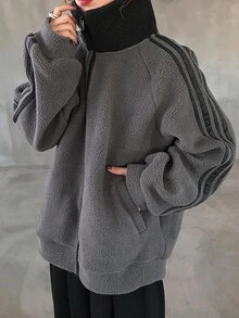 FRIFUL 女式常规领袖装饰丝带拼布灯芯绒撞色夹克 - 灰色 - 查看 6