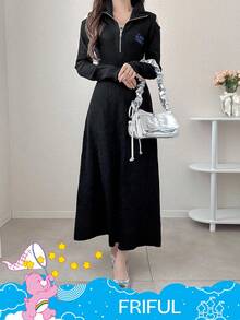 FRIFUL SHEIN X Care Bears Women's Half-Zip Front Letter Embroidery Cold Shoulder Sweater Dress Maxi Dress - Black - View 2