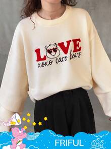 FRIFUL SHEIN X Care Bears 女士圆领字母刺绣撞色印花宽松加厚羊毛衫 - 米色 - 查看 6