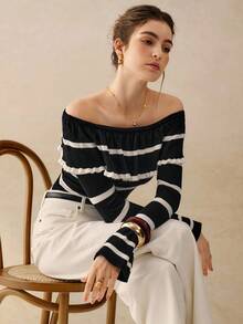 Cévolie 时尚露肩条纹长袖上衣