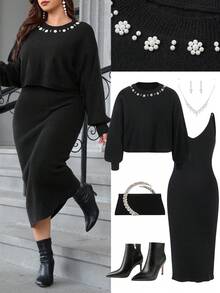 Ellevyn Plus Size Women Knitted Dress Set, Elegant Ladies Knitted Dress Suit, Knitted Sweater & Knitted Dress Set, Purple Knitted Dress Suit With Pearl Collar Decoration, Stretchy & Comfortable