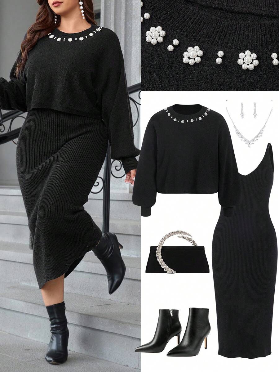 Ellevyn Plus Size Women Knitted Dress Set, Elegant Ladies Knitted Dress Suit, Knitted Sweater & Knitted Dress Set, Purple Knitted Dress Suit With Pearl Collar Decoration, Stretchy & Comfortable