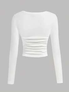 SHEIN EZwear Áo thun dài tay ôm sát cổ chữ V nhún eo giữ nhiệt nhiều màu sắc cho nữ, thoải mái & đa năng, phù hợp cho mùa thu/đông - Nhiều màu - Xem 5