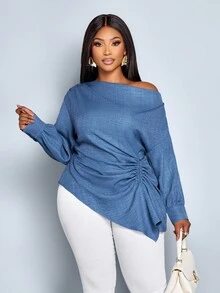 SOLERSUN Women's Plus Size Fall And Winter Solid Color Asymmetric Collar Long Sleeve Side Drawstring Ruched Fashion Blouse,Asymmetric Hem Blue Woven Fabric Shopping And Dating Blouse,Hem Of Handkerchief, Hem Of Handkerchief - Blue - View 6