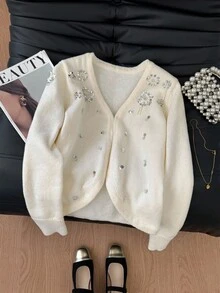 SHEIN Frenchy Women's Pearl & Rhinestone Embellished Long Sleeve Cardigan Autumn Winter Clothes For Women Casual - Apricot - View 4