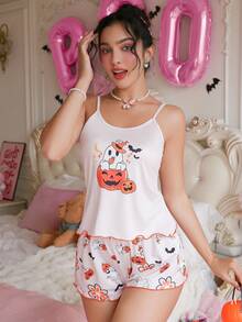 PetitDoll Funny Halloween Themed Print Casual Camisole & Shorts Women Pajama Set
