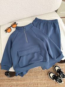 SHEIN 2pcs/Set Young Boys' Brushed Thickened Sweatshirt With Stand Collar & Pockets And Solid Color Pants, Winter Tracksuit Fall - Blue - View 6