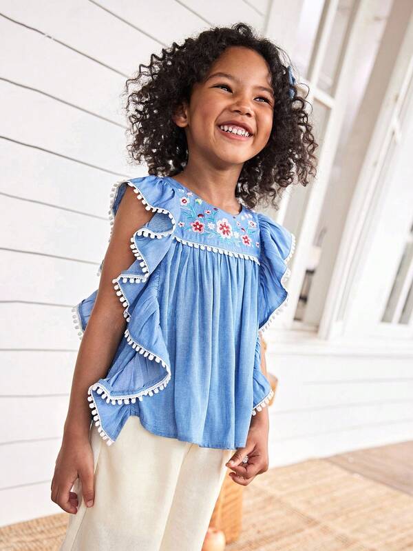 Joliand Joliand 1 Pc Young Girl Elegant Urban Cute Embroidered White Polka Dot Ruffle Sleeve Blue Blouse, Suitable For Gatherings, Travel, Daily Wear, Parties, Summer Young Girl Summer Tops Young Girls Clothing Summer Tops Summer Clothes For Girls Kids Summer Clothes For Kids Girls Kids Girls Clothing Summer