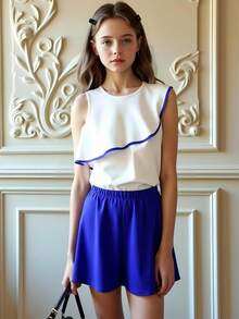 Joliand Joliand 2 件套青少年女孩优雅都市可爱白色荷叶边蓝色饰边衬衫和喇叭蓝色阔腿裤，适合外出、聚会、海滩、夏季 - 彩色 - 查看 2