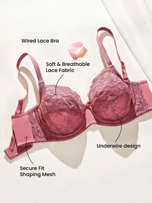 LUVLETTE 女士全覆盖内衣休闲曲线支撑透气钢圈性感无衬里白色迷你蕾丝优雅文胸新娘内衣