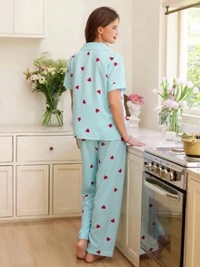 SHEIN 条纹心形印花翻领短袖女士睡衣套装女士睡衣套装心形睡衣套装夏季睡衣套装女士睡衣套装舒适优雅细节 - 薄荷藍 - 查看 2