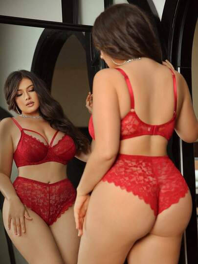 SHEIN 2pcs Plus Size Lace Patchwork Solid Color Sheer Underwire Bra & Panty Set, Red Lingerie Set Burgundy Lingerie Set Matching Bra And Panties Set, Lift