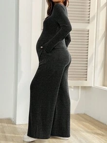 SHEIN Bộ 2 món đồ bà bầu thường ngày/công sở màu trơn không đối xứng áo và quần - Màu xám đen - Xem 2