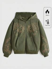 ROMWE Women Plus Size Fall Winter Back To School Hippie Sun & Leaf Print Zip-Up Loose Green Hoodie Sweatshirt - Green - View 1