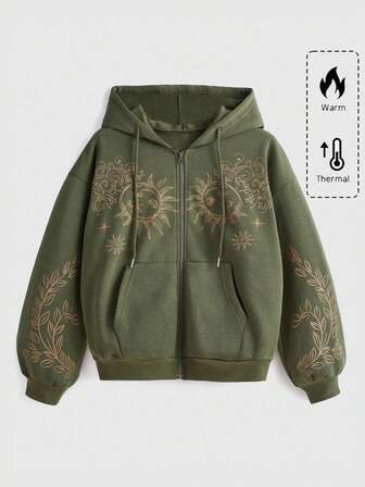 Plus Size Hippie Sun & Leaf Print Zip-Up Hoodie, School, Long Sleeve Top For Graduation, Back To School, Graduation Ceremony, Women Teachers, Back To School Sweatshirt, Plus Size Autumn/Winter Sweatshirt