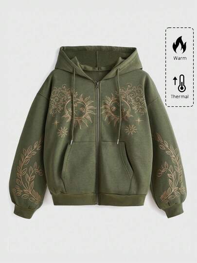 ROMWE Plus Size Hippie Sun & Leaf Print Zip-Up Hoodie, School, Long Sleeve Top For Graduation, Back To School, Graduation Ceremony, Women Teachers, Back To School Sweatshirt, Plus Size Autumn/Winter Sweatshirt