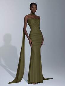 Elitara Elegant Luxurious Light Blue Elastic Mesh Boat Neck Full Ruffle Sequin Bridesmaid Dress - Army Green - View 7