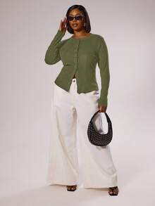 MUSERA 大码纽扣修身长袖上衣，春季优雅高贵度假可爱浪漫90年代Y2K派对节日款 - 軍綠色 - 查看 3