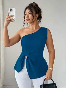 Elenzga توب كاميسول كاجوال بخصر مشدود وكتف غير متماثل مع زخرفة فيونكة مزيفة، مناسب للتنقل والخروجات - ازرق مخضر - مشاهدة 1