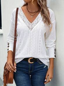 EMERY ROSE New Arrival Lace Trim V-Neck Long Sleeve Loose T-Shirt - White - View 4