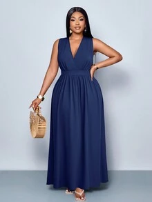 SOLERSUN 大码新款春夏时尚纯色交叉深V领长款休闲宽松A字连衣裙，四季简约服饰，休闲宽松长裙，日常通勤旅行海边度假休闲连衣裙 - 藏蓝色 - 查看 4