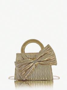 SHEIN SXY 女士手提包，晚宴包，金色，圆形手柄，蝴蝶结装饰，时尚，优雅，简约，个性化，多功能，经典，适合鸡尾酒会，派对，舞会，俱乐部，约会，生日，晚会，约会之夜，舞会 - 金色 - 查看 2