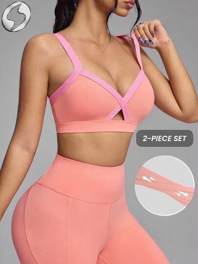 Innovista 女士必备纯色运动套装，精致设计，适合健身、运动、训练、透气、运动。短款上衣搭配运动文胸和紧身裤，裤子带有手机卡口袋，两件套设计，适合日常瑜伽、骑行、高强度间歇训练、办公室、法庭、早午餐、健身房等各种场合。两件套多功能休闲运动服，全天候穿着舒适弹力，适合秋季穿着，运动自如，露背设计，适合有氧运动、沙滩跑步、CrossFit、户外运动、健康运动。适合在、节日、短视频、FYP、、OOTD等平台分享。粉色系，适合职场妈妈、健身、运动装备，简约自然色调，基础款，简约清新。