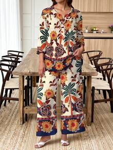 EMERY ROSE 2pcs/Set Floral Print Plus Size Women Top & Pants Set - Multicolor - View 3