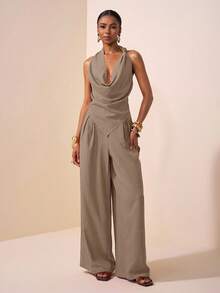 Zivah 2025 Spring/Summer New Music Festival, Easter, St. Patrick's Day, Western, Nomadic, Birthday Party, Graduation, College Style, Student Wear, Casual Everyday, Basic Versatile, Leisure, Cruise Travel, Beach, Sunbathing, Viral , Streetwear, Wedding Guest Boho, Commute, Brunch, Airport Outfit - Asymmetric Knot Design Pointed Top In Brown Textured Fabric, Flared Collar Top And Wide Leg Pants Suit, 2 Pieces Set