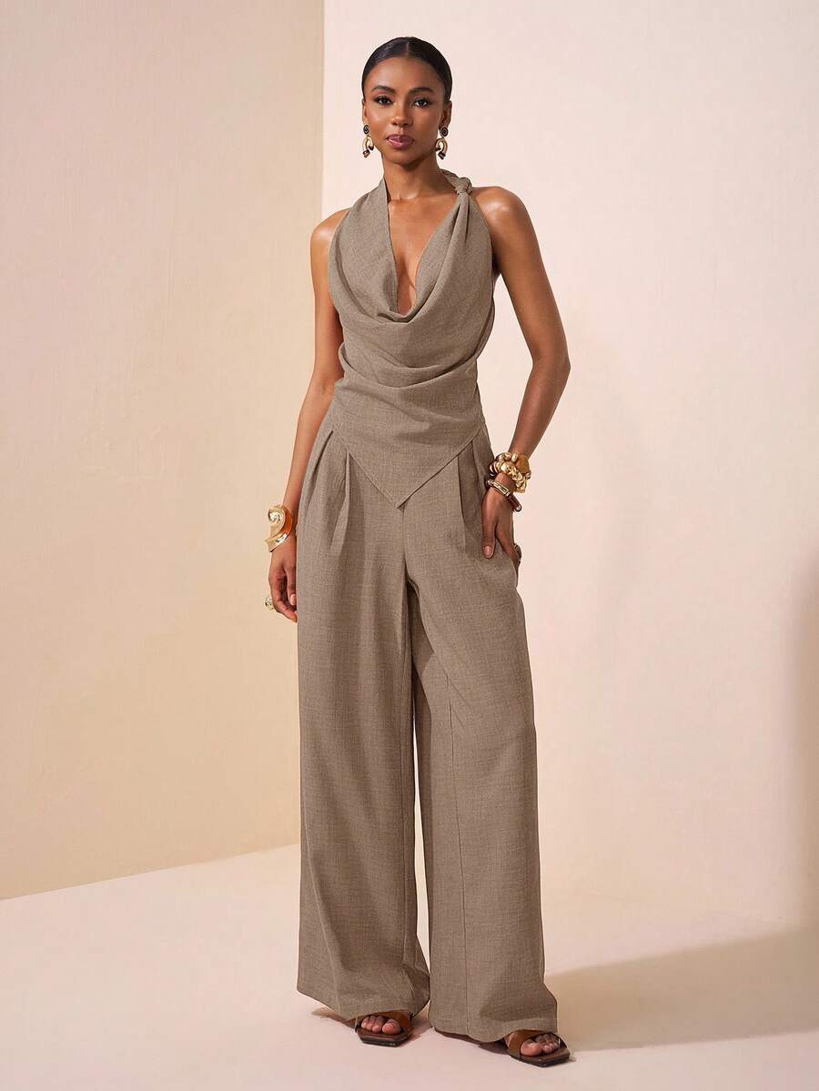 Zivah 2025 Spring/Summer New Music Festival, Easter, St. Patrick's Day, Western, Nomadic, Birthday Party, Graduation, College Style, Student Wear, Casual Everyday, Basic Versatile, Leisure, Cruise Travel, Beach, Sunbathing, Viral , Streetwear, Wedding Guest Boho, Commute, Brunch, Airport Outfit - Asymmetric Knot Design Pointed Top In Brown Textured Fabric, Flared Collar Top And Wide Leg Pants Suit, 2 Pieces Set