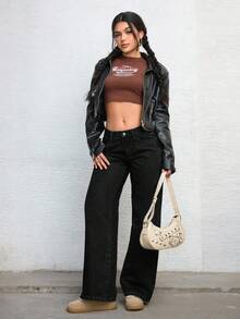 SHEIN Unity Plus Size Women's Fashionable Solid Color Straight Loose Y2K Distressed Baggy Jeans - Black - View 4