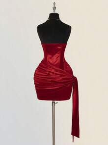 SHEIN ICON 女士时尚性感派对褶饰抹胸迷你连衣裙 - 紅色 - 查看 8